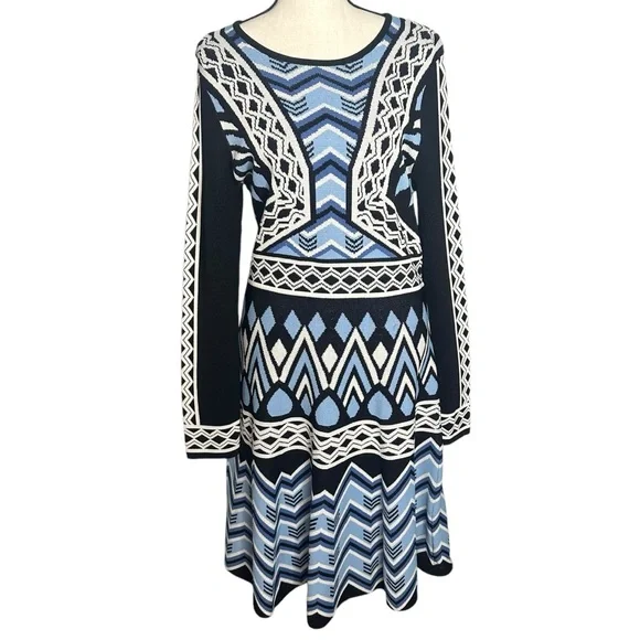 Eliza J Jacquard Flare Sweater Geometric Knit Dress Size Large - Picture 2 of 10